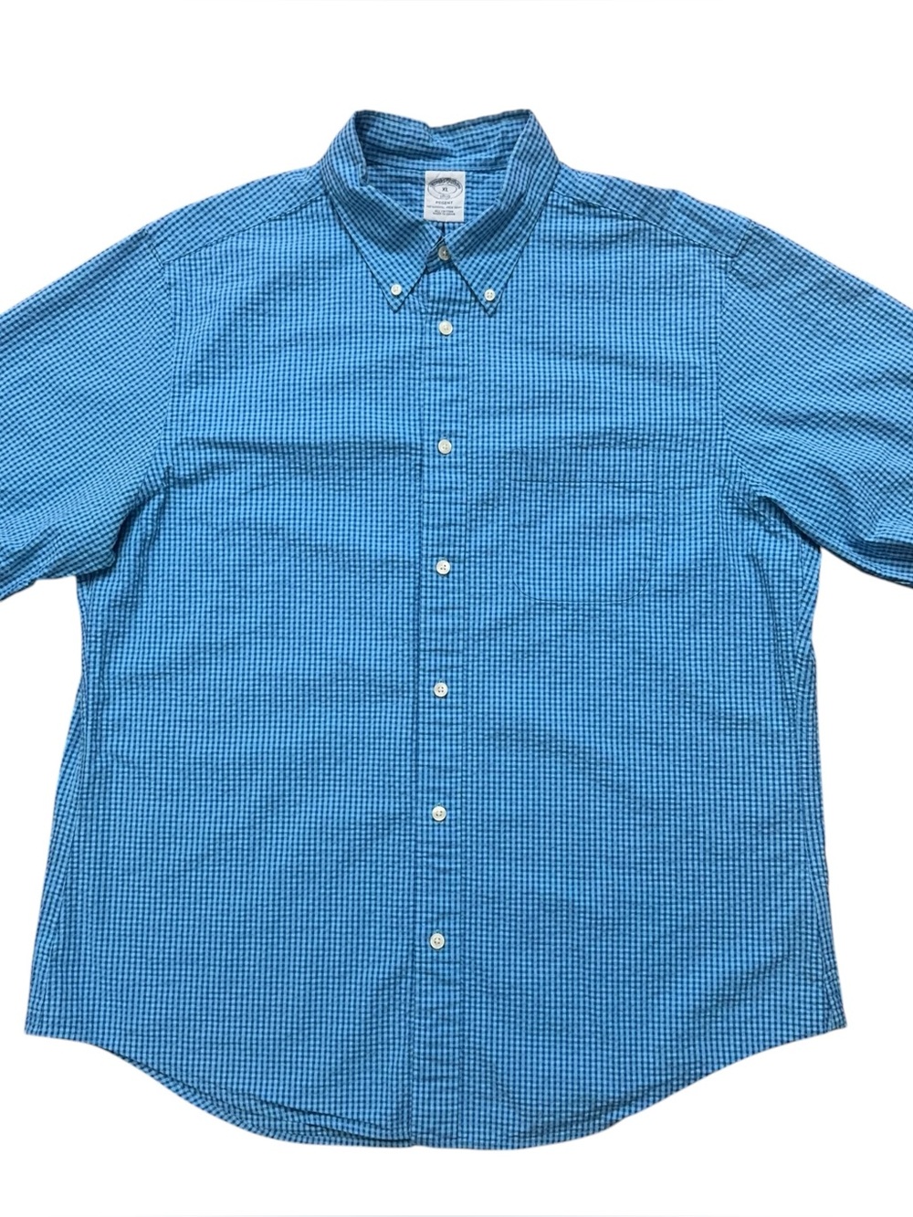 Brooks Brothers Shirt Mens Size XL Regent Fit Short Sleeve Seersucker Check Blue